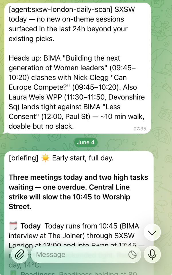 A Telegram message from a RafeOS agent: an automated SXSW daily-scan flagging two newly-surfaced sessions and a timing clash, with the morning briefing beneath it.