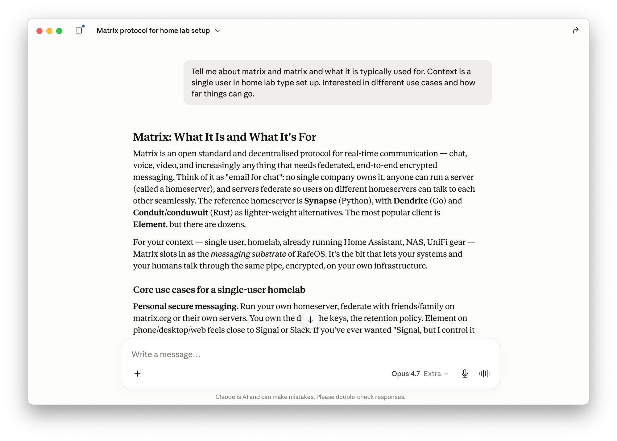 Claude Chat screenshot showing chat to get a high-level understanding of Matrix