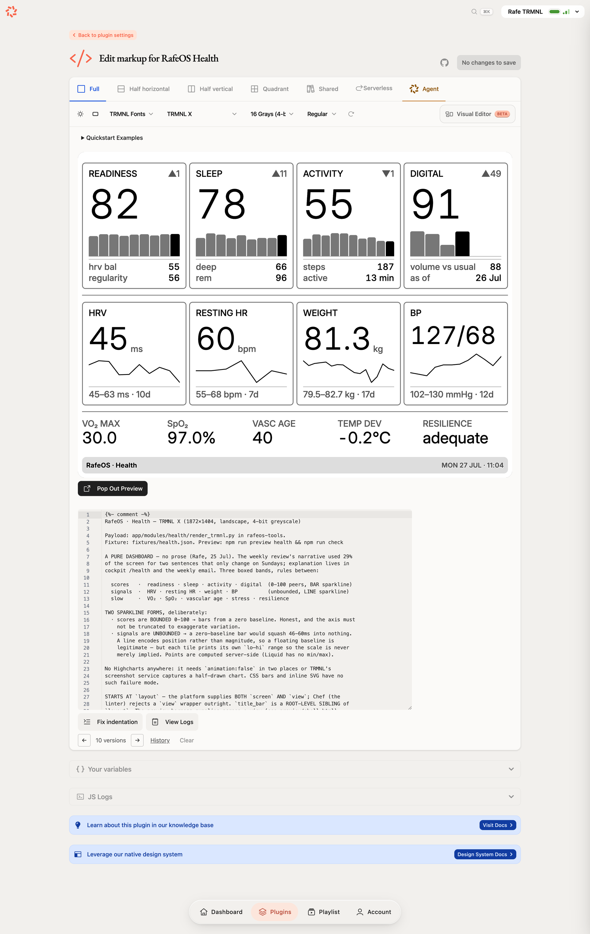 TRMNL's online plugin editor, including an agent mode