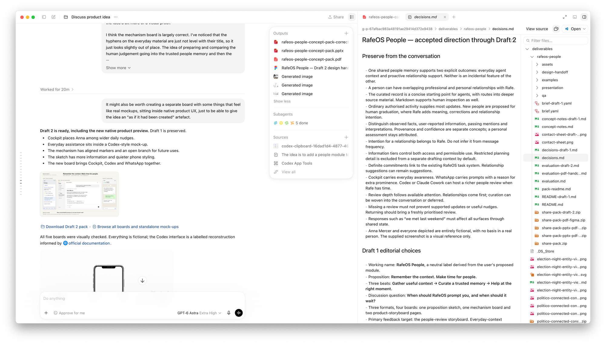 RafeOS People decision record alongside the Codex conversation and generated files
