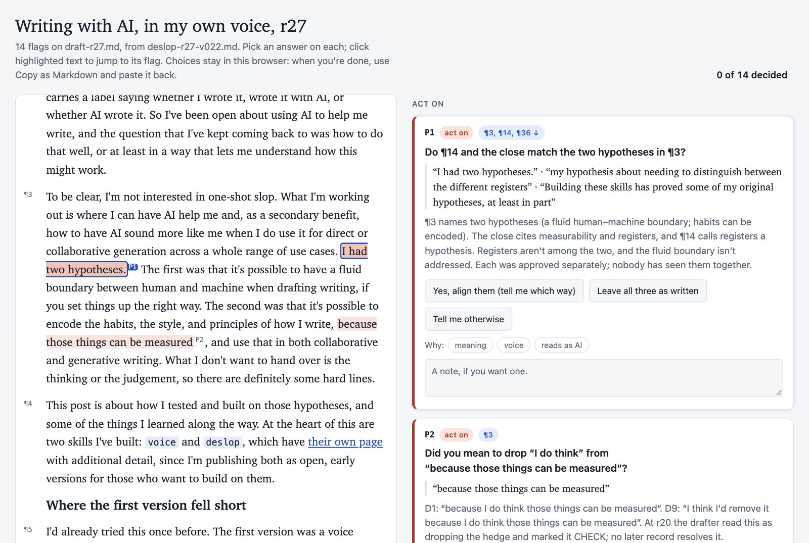 deslop's decision page reviewing r27 of this essay: the draft on the left with two flags highlighted where they sit, and fourteen flags on the right, the first touching three paragraphs, each with answers written for that question.