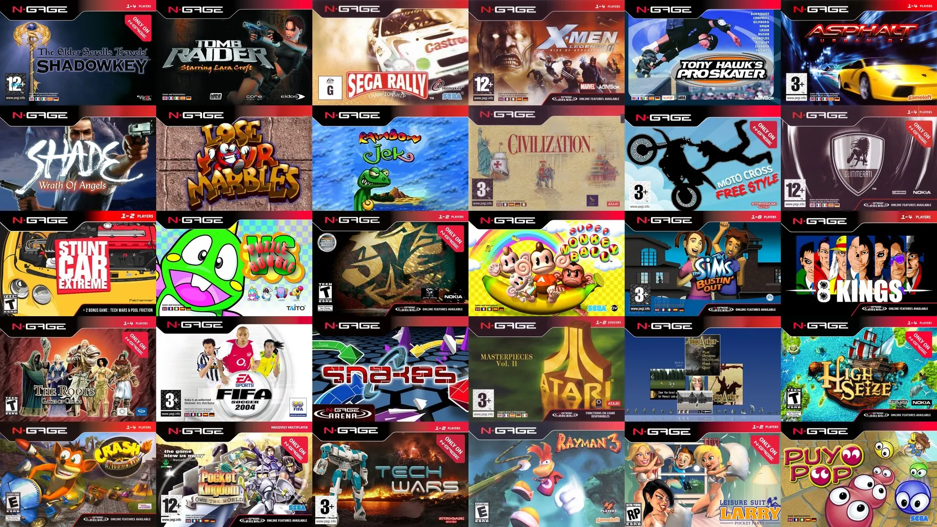 A grid of Nokia N-Gage game box art