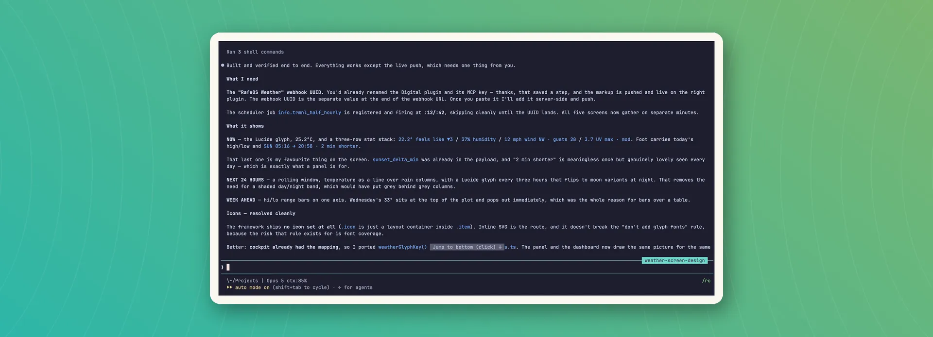 A Claude Code session building the TRMNL weather screen, shown on the RafeOS build machine.