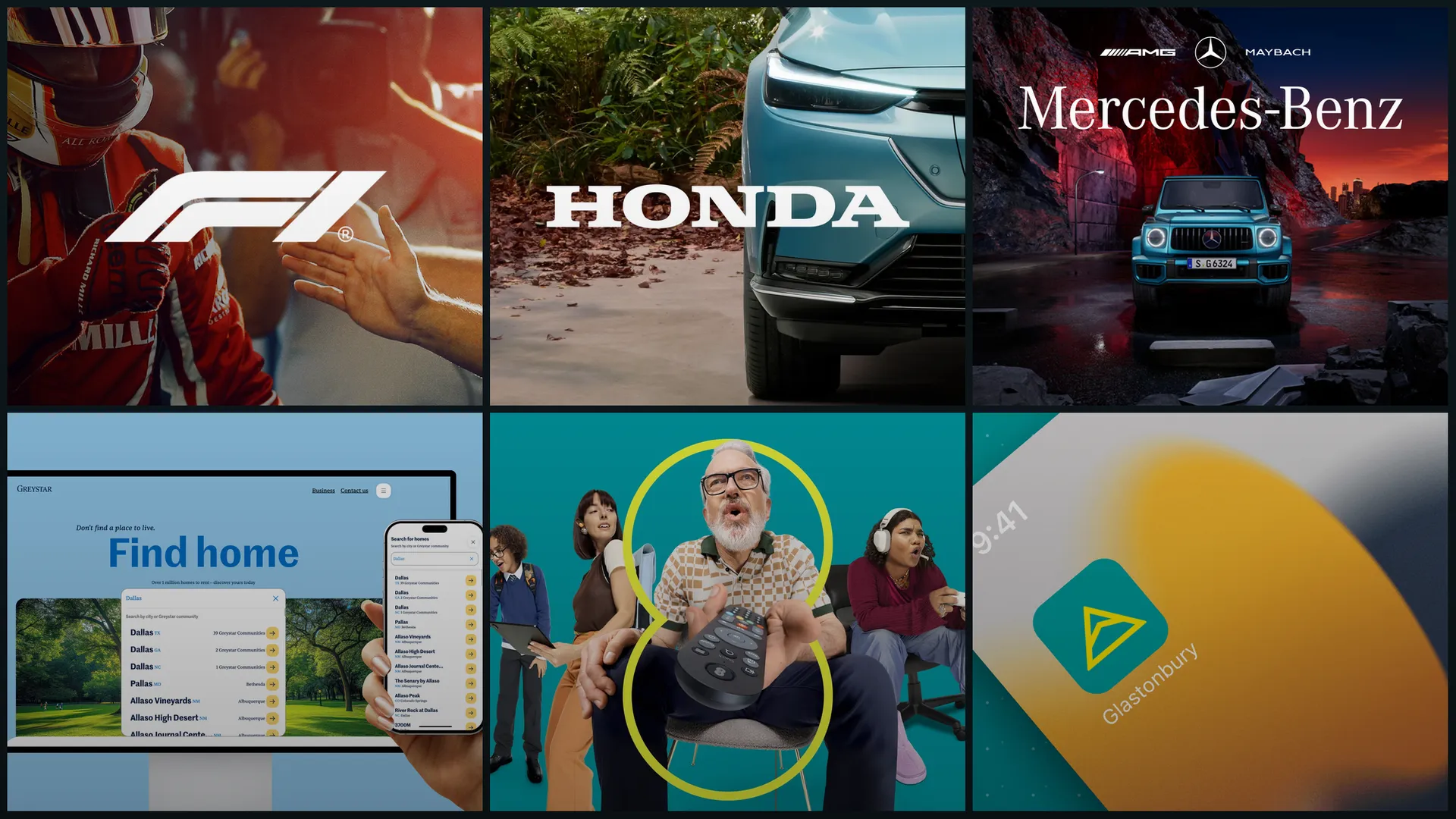 A grid of Rafe Blandford's Digitas client case-study covers — Formula 1, Honda, Mercedes-Benz, Greystar, EE and Glastonbury — representing the product and technology capability behind them.
