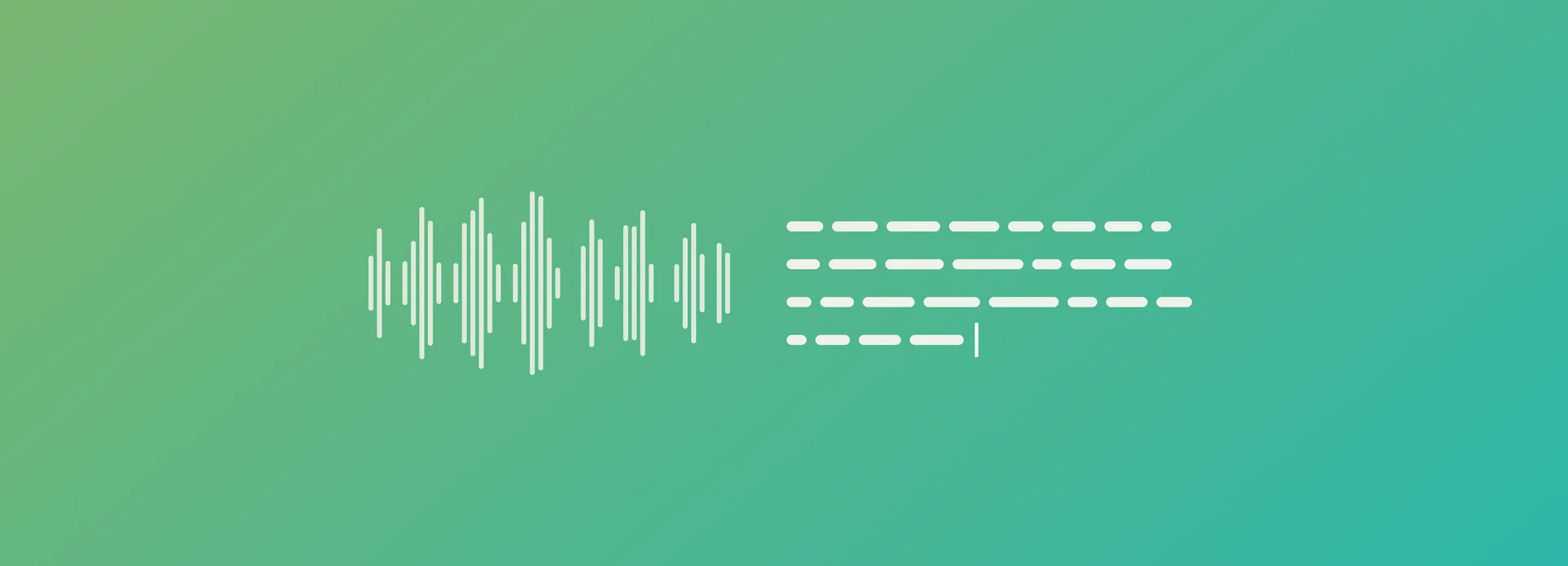 A dictation waveform on the left; on the right, lines of text in the same rhythm, ending in a cursor.
